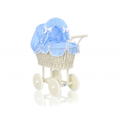 Creme Weide Puppenwagen Rattan Geflecht Bettwäsche Blau mit Weiß Punktmuster nr 101699-588