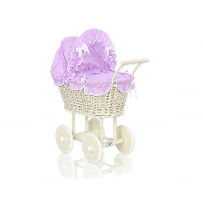 Creme Rattangeflecht  Weide Puppenwagen Bettwäsche Lila mit Weiß Punktmuster nr 101699-534