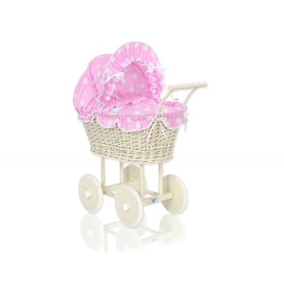 Creme Weidengeflecht Puppenwagen Bettwäsche Rosa Punktmuster nr 101699-736
