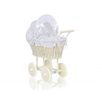 Creme Weide Puppenwagen Bettwäsche Weiß mit Marineblau Punktemuster nr 101699-727