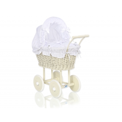 Creme Weide Geflecht Puppenwagen Weiß Weiß mit Stickerei nr 101699-906