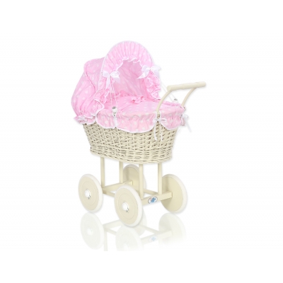 Creme Weide Retro Puppenwagen Rattangeflecht Bettwäsche Rosa Punktmuster nr 101699-553