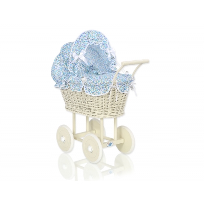 Creme Weide Rattangeflecht Vintage Puppenwagen Bettwäsche blaue Blümchen nr 101699-532