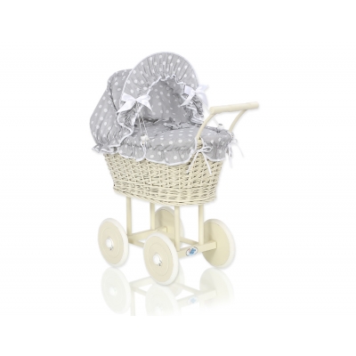 Creme Weide Vintage Puppenwagen Bettwäsche Grau mit Weiß Punktmuster nr 101699-583