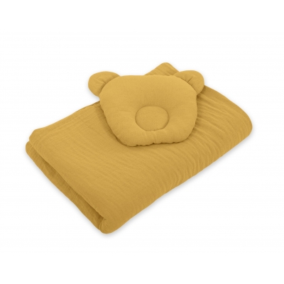Baby Decke mit Kissen Teddybär MUSSELIN- set 2tlg - honig gelb