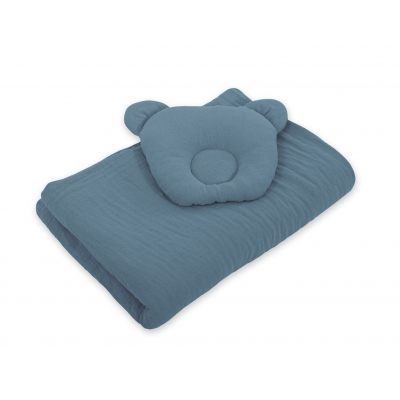 Baby Decke mit Kissen Teddybär MUSSELIN- set 2tlg - pastellblau