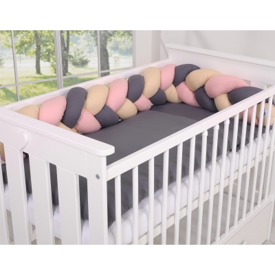 Geflochtene Bettumrandung für Babybett - beige-anthrazit-altrosa