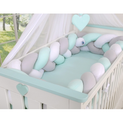 Geflochtene Bettschlange für Babybett XXL Extra groß - weiß - grau - minze