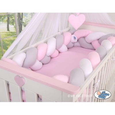 Bettschlange Geflochten Bettumrandung für Babybett XXL Extra groß - weiß - grau-rosa