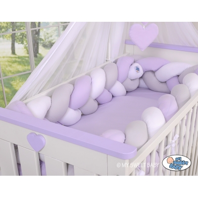 Geflochtene Bettschlange für Babybett XXL - weiß - grau - lila 20 cm Hoch 3,6m