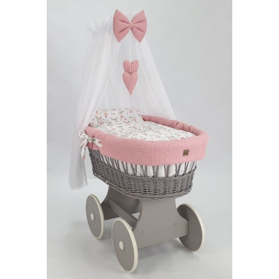 Graues Korbgeflecht Stubenwagen Rosa Komplett Set