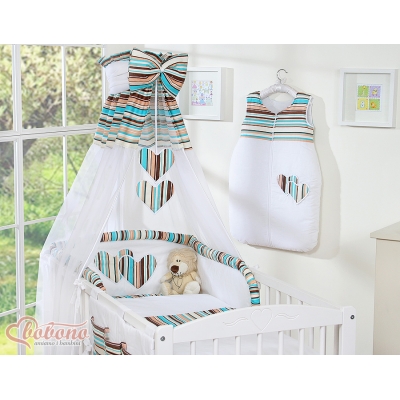 Himmel aus Chiffon für Babybett - Hängende Herzen braun gestreift