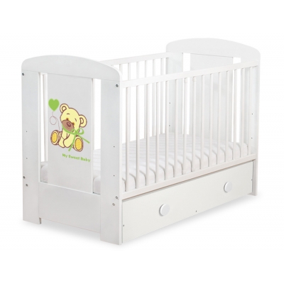 Babybett mit Schublade  MAXI Weiß 120x60cm Bär mit Schleife Grün