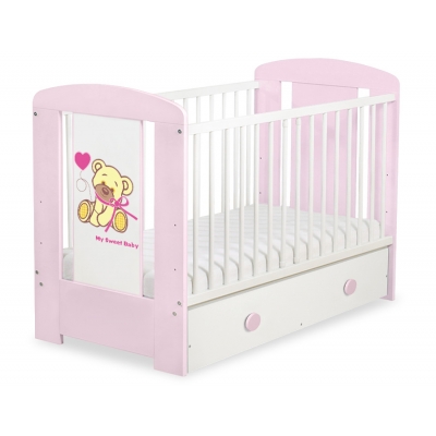 Rosa Babybett 120x60cm Bär mit Schleife rosa mit Schublade MAXI