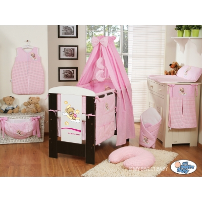 Kinderbett Bettwäsche Set 7-tlg mit Betthimmel (L70) - Gute Nacht rosa