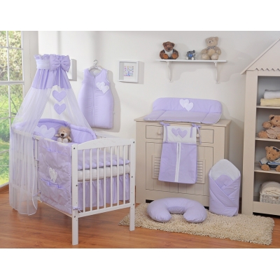 Kinderbett Bettwäsche Set 7-tlg mit Himmel für Babybett - Hängende Herzen lila