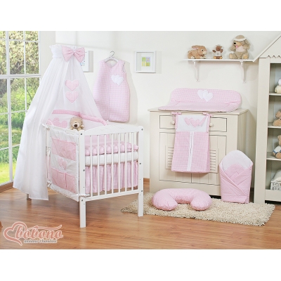 Kinderbett Bettwäsche Set 7-tlg mit Himmel für Babybett - Hängende Herzen rosa kariert