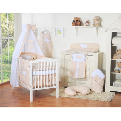 Kinderbett Bettwäsche Set 7-tlg mit Himmel - Hängende Herzen Beige-Punktemuster