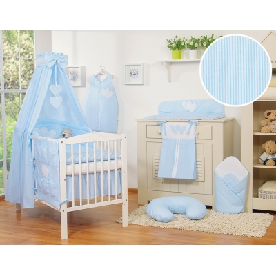 Kinderbett Bettwäsche Set 7-tlg mit Himmel - Hängende Herzen blau gestreift