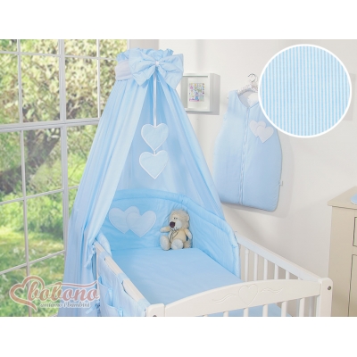 Baby Bettwäsche 100x135 cm Set 7-tlg mit Himmel - Hängende Herzen blau gestreift