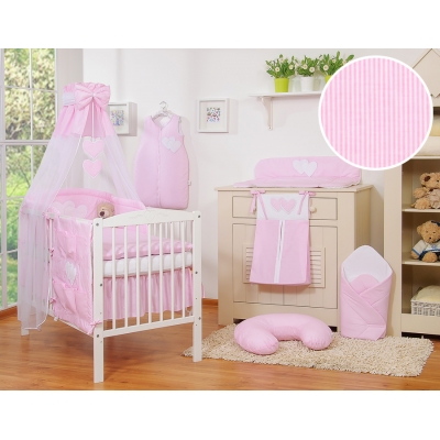 Kinderbett Bettwäsche Set 7-tlg mit Himmel - Hängende Herzen rosa gestreift