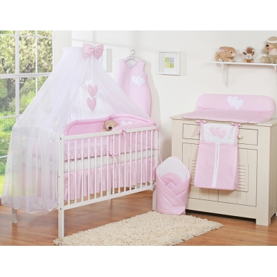 Kinderbett Bettwäsche Set 7-tlg mit Moskitonetz für Babybett - Hängende Herzen Rosa-Punktemuster