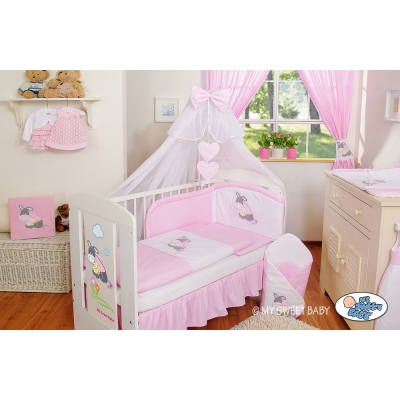 Kinderbett Bettwäsche Set 7-tlg mit Moskitonetz für Gitterbett - Esel Luca pink