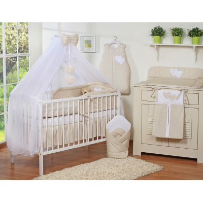 Kinderbett Bettwäsche Set 7-tlg mit Moskitonetz - Hängende Herzen Beige-Punktemuster