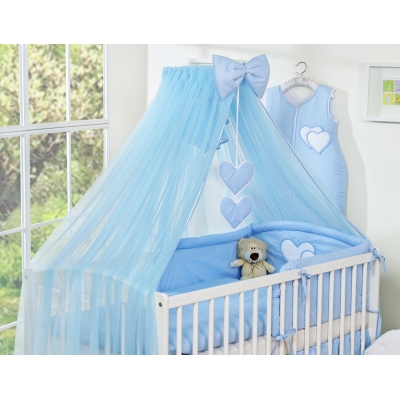 Baby Bettset Bettwäsche Set 7-tlg mit Moskitonetz - Hängende Herzen blau Babybett 140x70cm