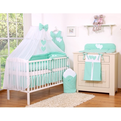 Kinderbett Bettwäsche Set 7-tlg mit Moskitonetz - Hängende Herzen Mint