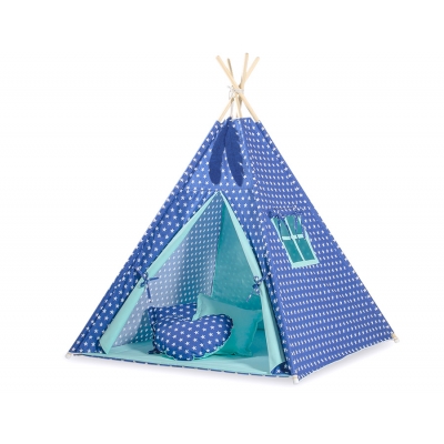 MEGA Set: Teepee Kinderspiel-Zelt+ Spielmatte+ Kissen+ Schmuckfedern GRATIS! - Dunkelblaue Sternchen