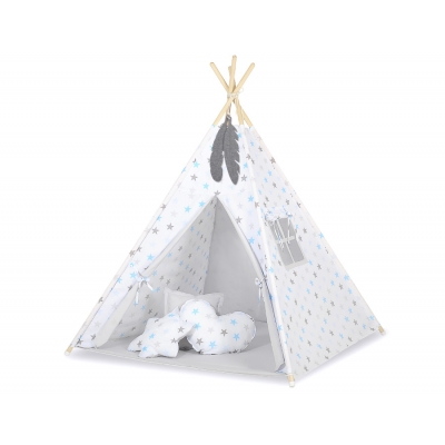 MEGA Set: Teepee Kinderspiel-Zelt+ Spielmatte+ Kissen+ Schmuckfedern GRATIS! - Sternen blau-grau/grau