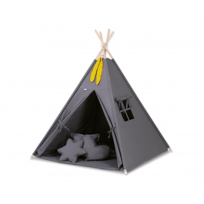 MEGA Set: Teepee Kinder Spielzelt + Spielmatte+ Kissen + Schmuckfedern GRATIS! - anthrazit