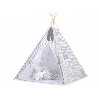 MEGA Set: Teepee Kinderspiel-Zelt+ Spielmatte+ Kissen + Schmuckfedern GRATIS! - Chevron grau