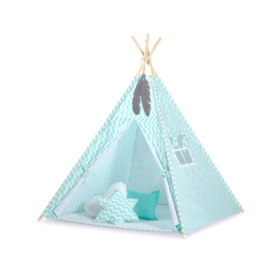 MEGA Set: Teepee Kinderspiel-Zelt+ Spielmatte+ Kissen + Schmuckfedern GRATIS! - Chevron minze