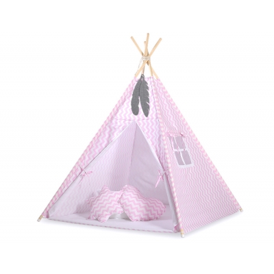 MEGA Set: Teepee Kinderspiel-Zelt+ Spielmatte+ Kissen + Schmuckfedern GRATIS! - Chevron rosa