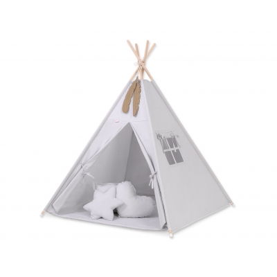 MEGA Set: Teepee Kinder Spielzelt + Spielmatte+ Kissen + Schmuckfedern GRATIS! - grau