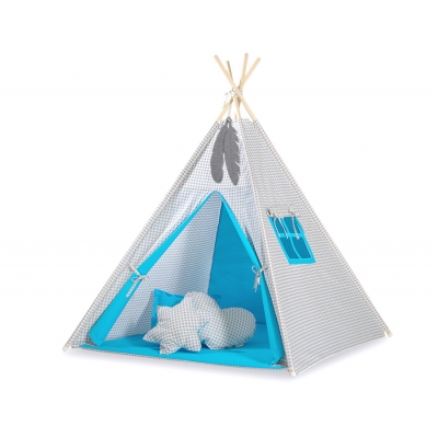 MEGA Set: Teepee Kinderspiel-Zelt+ Spielmatte+ Kissen + Schmuckfedern GRATIS! - Grau kariert-türkis