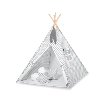 MEGA Set: Teepee Kinderspiel-Zelt+ Spielmatte+ Kissen + Schmuckfedern GRATIS! - grau Punkt-Muster