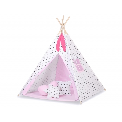 MEGA Set: Teepee Kinderspiel-Zelt+ Spielmatte+ Kissen - Schwarze Sternchen/rosa