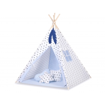 MEGA Set: Teepee Kinderspiel-Zelt+ Spielmatte+Kissen+ Schmuckfedern GRATIS! - Schwarze Sternchen/blau