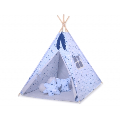 MEGA Set:Teepee Kinder Spielzelt + Kissen+ Schmuckfedern GRATIS! - blaue Sternen