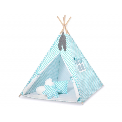 MEGA Set:Tipi Kinder Spielzelt  + Spielmatte+ Kissen+ Schmuckfedern GRATIS! - türkis Punkt-Muster