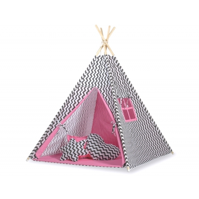 MEGA Set: Tipi Zelt+ Spielmatte+ Kissen - Chevron schwarz/ dunkel rosa