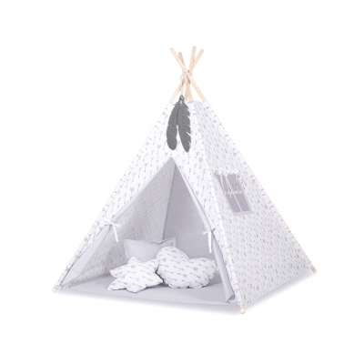 MINI Set: Teepee Kinderspiel-Zelt mit Spielmatte und Schmuckfedern GRATIS! -  grauen Pfeilen