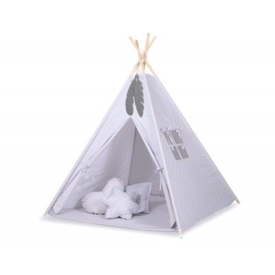 MINI Set: Teepee Kinderspiel-Zelt mit Spielmatte und Schmuckfedern GRATIS! - Blumenmuster grau