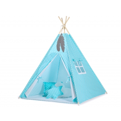 MINI Set: Teepee Kinderspiel-Zelt mit Spielmatte und Schmuckfedern GRATIS! - Türkis-Punktemuster