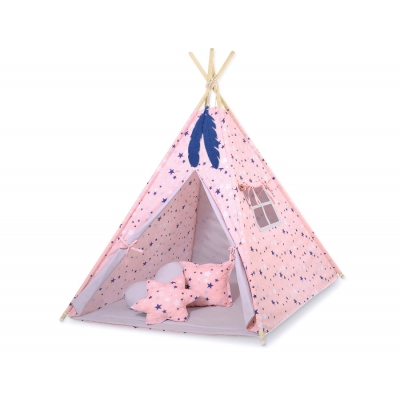 MINI Set: Tipi Kinderspiel-Zelt mit Spielmatte und Schmuckfedern GRATIS! - rosa-blaue Sternen/grau