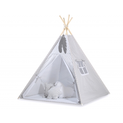 MINI Set: Tipi Zelt mit Spielmatte und Schmuckfedern GRATIS! - Grau-Punktemuster
