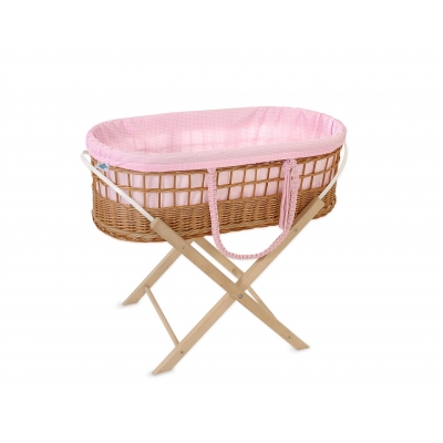 Moses Weidenkorb Boho-Stil mit Ständer mit Baumwolle Polsterung - rosa kariert